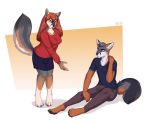 2018 4_toes 5_fingers anthro barefoot black_nose blue_eyes breasts canine clothed clothing digital_media_(artwork) duo felicia_cat female male mammal pigeon_toed simple_background sitting skirt smile standing toes 
