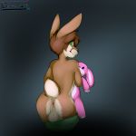  anthro anus backsack balls bastion brown_fur child cub fur glowing glowing_eyes green_eyes lagomorph looking_back male mammal perineum plushie rabbit simple_background solo standing young 