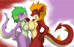  anthro big_breasts blonde_hair blush breast_size_difference breast_squish breasts breasts_frottage crossgender dragon duo female female/female friendship_is_magic garble_(mlp) green_eyes green_hair hair hand_on_hip mr-101 multicolored_scales my_little_pony nude scales side_boob simple_background smile spade_tail spike_(mlp) two_tone_scales yellow_eyes 