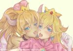  bowsette, dress, large_breasts, nipples, pink_dress, princess_peach, two_girls, yellow_hair, 