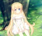  aiyan blonde_hair blue_eyes blush dress grass heterochromia key_(company) leaf long_hair nakatsu_shizuru rewrite smile tree white_dress yellow_eyes 