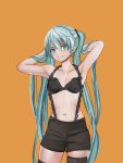  1girl armad arms_behind_head arms_up bangs black_bra black_legwear black_shorts blue_eyes blue_hair blush bra breasts closed_mouth collarbone cowboy_shot female hair_between_eyes hair_ornament happy hatsune_miku highres light_blush lingerie long_hair matching_hair/eyes medium_breasts navel orange_background shiny shiny_skin short_shorts shorts simple_background skindentation smile solo standing thighhighs tied_hair twintails underwear very_long_hair vocaloid 