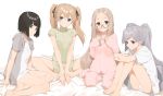  4girls bed_sheet black_hair blue_eyes bob_cut braid brown_eyes butterfly_sitting closed_mouth commentary_request crossed_arms crown_braid forehead grey_eyes grin hand_up highres hood hoodie kneeling knees_up leg_hug legs_together long_hair looking_at_viewer multiple_girls open_clothes open_hoodie original pajamas parted_lips purple_eyes shirt short_hair short_sleeves sitting sleeves_past_wrists smile thighs twintails very_long_hair wariza white_legwear white_shirt yokozuwari 