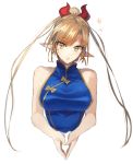  :o alternate_costume bangs bare_arms bare_shoulders belphe_gor_bacchus blonde_hair blue_dress bow breasts china_dress chinese_clothes commentary_request cropped_torso dress eyebrows_visible_through_hair fang hair_ornament head_tilt kasuka_(kusuki) large_breasts long_hair long_ponytail looking_at_viewer open_mouth original own_hands_together pointy_ears ponytail simple_background sleeveless sleeveless_dress solo split_ponytail upper_body white_background yellow_bow yellow_eyes 