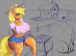  anthro applejack_(mlp) big_breasts breasts cleavage clothed clothing equine female friendship_is_magic horse huge_breasts mammal my_little_pony nipple_bulge pony sweat text thelunarmoon 