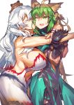  ahoge animal_ears armpits artemis_(fate/grand_order) atalanta_(fate) bare_arms bare_shoulders breast_press breasts cat_ears cat_tail cheek_kiss commentary_request dress fate/grand_order fate_(series) gradient_hair green_dress green_eyes green_hair highres holding_arms hug huge_breasts kiss long_hair melon22 multicolored_hair multiple_girls navel_cutout one_eye_closed open_mouth orion_(fate/grand_order) stuffed_animal stuffed_toy sweatdrop tail teddy_bear two-tone_hair white_hair yuri 