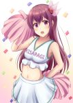  arm_up armpits breasts brown_hair cheerleader clothes_writing commentary_request confetti crop_top ganbare_ganbare_(itou_life) hair_ornament highres kantai_collection kisaragi_(kantai_collection) long_hair looking_at_viewer meme midriff minakami_mimimi miniskirt navel open_mouth pink_background pom_poms purple_eyes ribbon skirt sleeveless small_breasts smile solo two-tone_background white_background white_skirt 