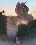  2018 building city crown cutie_mark duo equine feathered_wings feathers female feral friendship_is_magic hair horn jewelry macro mammal mirroredsea multicolored_hair my_little_pony necklace outside princess_celestia_(mlp) sky twilight_sparkle_(mlp) unicorn winged_unicorn wings 