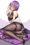  adjusting_eyewear ass black_legwear breasts collared_vest cushion fate/grand_order fate_(series) feet glasses grey_jacket grey_vest hair_over_one_eye highres jacket large_breasts legs looking_at_viewer lying mash_kyrielight necktie no_shoes off_shoulder on_side open_mouth panties panties_under_pantyhose pantyhose pink_hair pink_panties purple_eyes red_neckwear shirokuma_a short_hair solo thighband_pantyhose underwear vest white_background 
