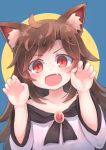  :d animal_ears blue_background brown_hair claw_pose dress fang highres imaizumi_kagerou kibisake long_hair long_sleeves open_mouth red_eyes smile solo touhou two-tone_background v-shaped_eyebrows wide_sleeves wolf_ears yellow_background 