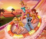  bare_shoulders barefoot beach blonde_hair blue_skin casual_one-piece_swimsuit cataquack crown earrings flipped_hair hair_over_one_eye halterneck highres inflatable_raft jewelry mario_(series) midna midna_(true) multiple_girls ocean one-piece_swimsuit one_eye_closed palm_tree princess_daisy princess_peach rosetta_(mario) sigurd_hosenfeld sitting splashing spoilers standing sun sunset super_mario_bros. swimsuit the_legend_of_zelda the_legend_of_zelda:_twilight_princess tree wariza water_slide 