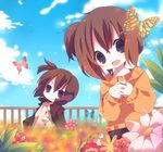  ana_(rznuscrf) bad_id bad_pixiv_id brown_hair bug butterfly child cloud day flower hands_clasped insect multiple_girls open_mouth original own_hands_together short_hair side_ponytail sky smile 