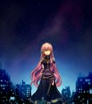  boots cityscape closed_eyes highres long_hair megurine_luka navel night oharu pink_hair skirt sky smile solo thighhighs very_long_hair vocaloid 