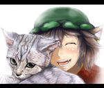  animal_ears bad_id bad_pixiv_id brown_hair cat cat_ears chen closed_eyes face fang hat letterboxed open_mouth oriennto realistic short_hair smile solo teeth touhou 