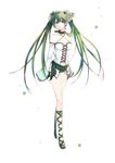  bad_id bad_pixiv_id bare_shoulders choker corset cross-laced_footwear flower full_body green_eyes green_hair hair_flower hair_ornament halterneck hatsune_miku headphones headset highres legs long_hair navel sasahara_rena shoes simple_background solo standing twintails very_long_hair vocaloid 