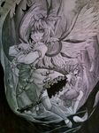  bad_id bad_pixiv_id coco_maru feathers gradient graphite_(medium) jpeg_artifacts monochrome multiple_girls mystia_lorelei purple touhou traditional_media wings wriggle_nightbug 