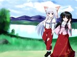  field fujiwara_no_mokou holding_hands houraisan_kaguya lake mountain multiple_girls nature raharutoharuto scenery touhou tree 