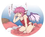  animal_ears arm_support bare_shoulders bed camisole earrings flat_chest highres jewelry kneeling lingerie messy_hair mystia_lorelei oonamazu panties pillow pink_hair red_panties see-through short_hair side-tie_panties sleepy solo thighs touhou translated underwear underwear_only waking_up wings yellow_eyes 