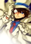  adjusting_clothes adjusting_hat artist_request blue_eyes blurry brown_hair cape formal hat kaitou_kid male_focus meitantei_conan monocle necktie smile solo top_hat 