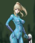  black_eyes blonde_hair bodysuit gloves gun lips long_hair metroid pon ponytail samus_aran solo weapon zero_suit 