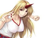  blonde_hair breasts cleavage clenched_hand collarbone grin horn hoshiguma_yuugi large_breasts long_hair red_eyes ryuushou smile solo touhou 
