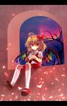  ahoge asyura7 bat_wings blood cup empty_eyes expressionless flandre_scarlet full_moon highres kneehighs letterboxed mary_janes moon no_hat no_headwear ponytail red_eyes red_moon shoes short_hair side_ponytail sitting solo spill teacup touhou white_legwear windowsill wings 