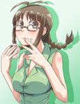  :t akizuki_ritsuko antenna_hair bare_shoulders blush breasts brown_eyes brown_hair cleavage dan_(orange_train) eating food food_on_face glasses hands idolmaster idolmaster_(classic) large_breasts onigiri rice rice_on_face solo 