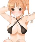  arm_behind_head armpits arms_up bad_id bad_pixiv_id bikini_top blush breasts cleavage criss-cross_halter halter_top halterneck hand_behind_head kinugasa_yuuichi large_breasts lying orange_hair original outstretched_arm saliva short_hair simple_background sitting solo upper_body white_background 