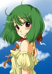  blush bow cloud day green_hair macross macross_frontier ranka_lee red_eyes short_hair sky smile solo yuuna_katsumi 