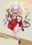  belly blonde_hair flandre_scarlet hat highres hokuto_no_ken middle_finger parody plump ponytail red_eyes rekise short_hair side_ponytail solo touhou wings 