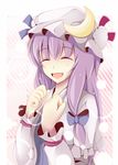  bad_id bad_pixiv_id bow closed_eyes crescent hair_bow happy hat long_hair minamo_iruka open_mouth patchouli_knowledge purple_hair smile solo touhou upper_body 