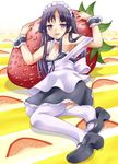  akiyama_mio black_hair food fruit k-on! long_hair lying maid oversized_object purple_eyes shiroi_kuroneko shoe_dangle solo strap_slip strawberry tears thighhighs 
