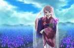  bouquet brown_hair day field flower flower_field hair_ornament iris_(flower) japanese_clothes kimono lace long_sleeves looking_at_viewer original outdoors rain see-through shawl solo standing veil wide_sleeves yamyom 