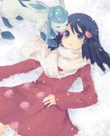  alternate_color alternate_costume blue_eyes blue_hair coat gen_4_pokemon glaceon hair_ornament hairclip hikari_(pokemon) pokemon pokemon_(creature) pokemon_(game) pokemon_dppt pokemon_platinum scarf seto_(ao168) snow white_scarf winter_clothes winter_coat 