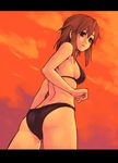  ass bikini black_bikini blush breasts brown_eyes brown_hair butt_crack cloud copyright_request evening from_behind from_below letterboxed looking_at_viewer looking_back medium_breasts short_hair sideboob sidelocks sky solo standing sunset swimsuit yuuji_(and) 