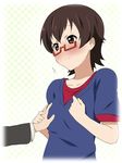  bad_id bad_pixiv_id blush breast_grab breasts brown_eyes brown_hair casual face glasses grabbing groping guided_breast_grab ikari_manatsu k-on! manabe_nodoka out_of_frame red-framed_eyewear semi-rimless_eyewear short_hair small_breasts solo_focus under-rim_eyewear 