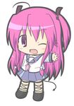  ahoge angel_beats! ankle_lace-up chibi cross cross-laced_footwear demon_tail fang long_hair one_eye_closed open_mouth pink_eyes pink_hair rinechun school_uniform serafuku solo tail thigh_strap two_side_up very_long_hair yui_(angel_beats!) 