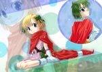  1girl bianca's_daughter blonde_hair blush boots bow cape collins_(dq5) dragon_quest dragon_quest_v gloves green_hair hair_bow md5_mismatch purple_eyes short_hair sitting smile sword wariza weapon ykokzk zoom_layer 