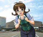  akizuki_ritsuko antenna_hair belt braid breasts brown_eyes brown_hair glasses hida_tatsuo idolmaster idolmaster_(classic) leaning_forward medium_breasts photo_background solo sweater_vest twin_braids 