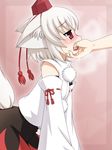  animal_ears blush detached_sleeves finger_in_mouth haruna_mao hat inubashiri_momiji profile red_eyes saliva short_hair silver_hair solo tail tassel tears tokin_hat touhou wolf_ears wolf_tail 