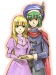  1girl bad_id bad_pixiv_id blonde_hair cape couple cross dragon_quest dragon_quest_v dress green_eyes green_hair hat henry_(dq5) hetero holding_hands jewelry long_hair maria_(dq5) maroxxtanaka necklace purple_eyes 