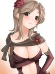  bad_id bad_pixiv_id black_gloves blush breast_hold breasts brown_eyes cape cleavage collarbone dress elbow_gloves eyebrows_visible_through_hair flower gloves hair_flower hair_ornament hand_on_hip head_tilt kinugasa_yuuichi large_breasts light_brown_hair looking_at_viewer mole mole_under_eye original rose see-through simple_background solo white_background 