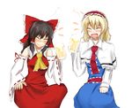  alcohol alice_margatroid beer blonde_hair bow brown_hair detached_sleeves drinking drunk hair_bow hairband hakurei_reimu multiple_girls open_mouth poshi_(ginmokusei) short_hair smile touhou 