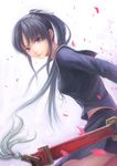  black_hair ga-rei ga-rei_zero highres isayama_yomi lips long_hair petals ponytail purple_eyes school_uniform solo sword weapon zhenlin 