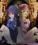  bad_id bad_pixiv_id blonde_hair blue_hair bow cat_tail dress frederica_bernkastel hair_bow hair_ornament hair_ribbon hat jewelry lambdadelta long_hair multiple_girls necklace pink_hat purple_eyes red_eyes ribbon tail toga_manato umineko_no_naku_koro_ni 