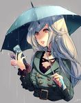  bad_id bad_pixiv_id brown_hair cellphone horiizumi_inko long_hair original phone rain raincoat red_eyes solo umbrella 