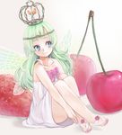  bad_id bad_pixiv_id blue_eyes cherry crown dress fairy fairy_wings food fruit green_hair in_food long_hair mamepon minigirl nail_polish original pink_nails sandals simple_background sitting solo strawberry toes white_background wings 