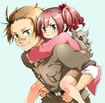  1girl :&lt; animal australia_(hetalia) axis_powers_hetalia bandaid bandaid_on_nose brown_eyes brown_hair carrying child curly_hair eyebrows green_eyes harayan koala piggyback pink_hair principality_of_wy_(hetalia) side_ponytail 