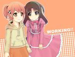  1girl brown_hair couple crossdressing hair_bobbles hair_ornament hairpin hetero holding_hands hood hoodie inami_mahiru matsumoto_ryou orange_hair otoko_no_ko short_twintails side_ponytail smile takanashi_souta twintails working!! younger 