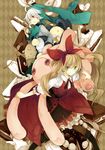  1girl ahoge alice_(wonderland) alice_in_wonderland animal_ears aqua_eyes bad_id bad_pixiv_id blonde_hair blue_eyes boots brown_eyes brown_hair bunny_ears cake food fork grin hair_ribbon happy long_hair pantyhose personification plate pocket_watch ribbon sabutarou sandwich short_hair side_ponytail skirt smile stuffed_animal stuffed_bunny stuffed_toy watch white_hair white_rabbit yellow_eyes 